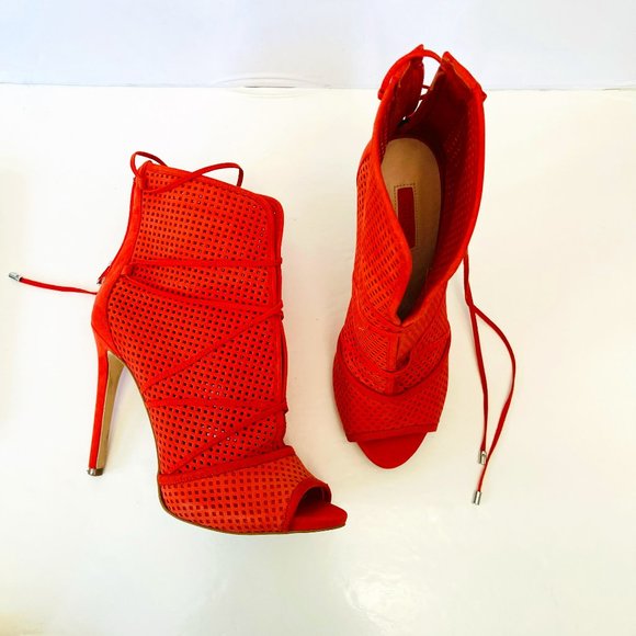 Guess Ankle Wrap booties Platform Stiletto Peep Toe Heels Orange Suede 8M